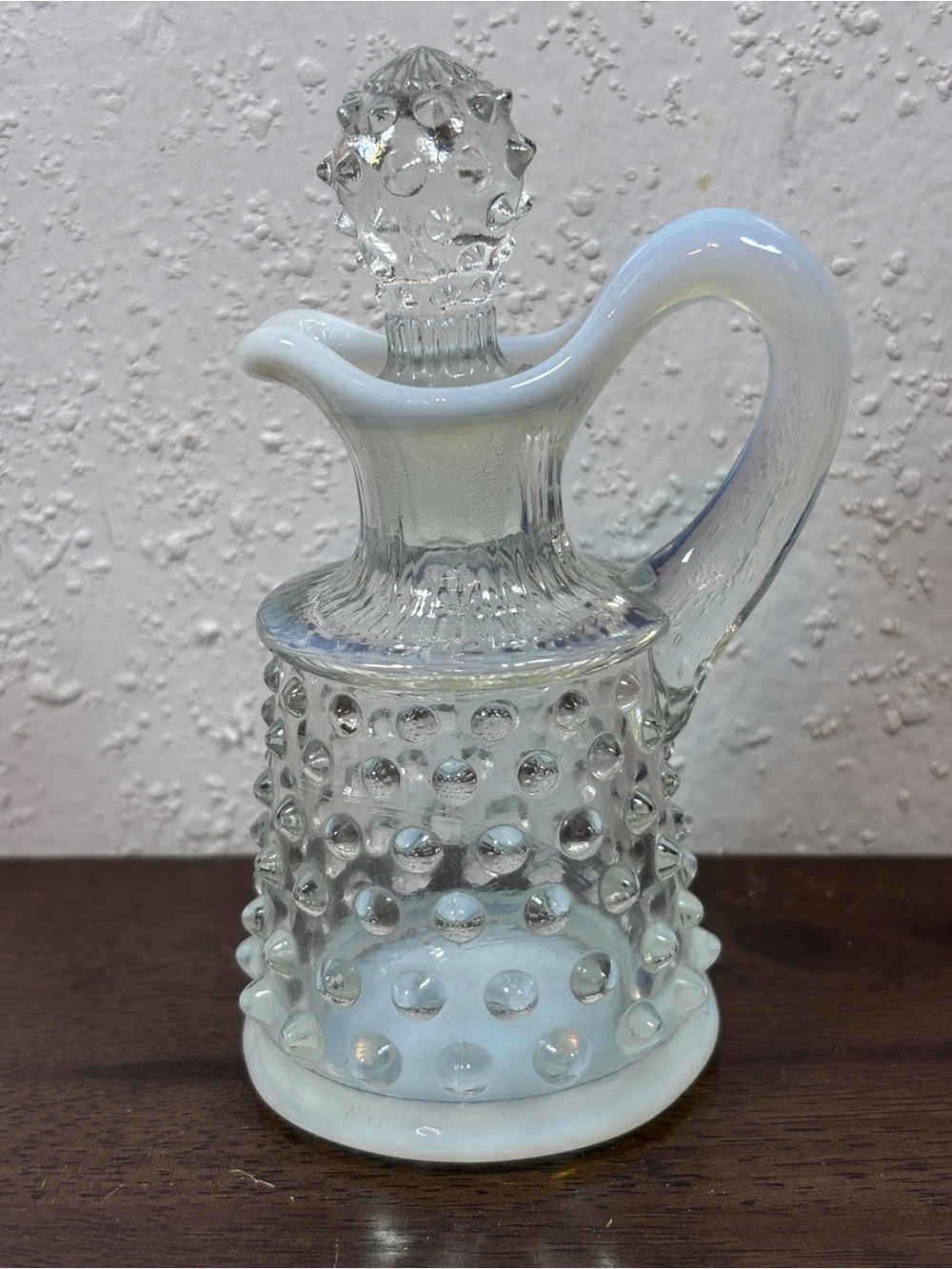 Vintage Handblown Clear Hobnail Glass Cruet with White Trim